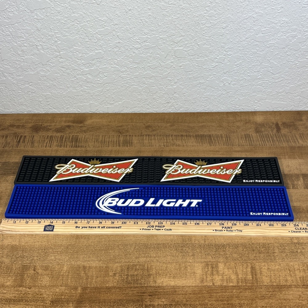 BUDWEISER BEER BUD LIGHT BOW TIE LOGO RAIL BEER BAR MAT RUNNER SPILL MAT LOT - Picture 9 of 13